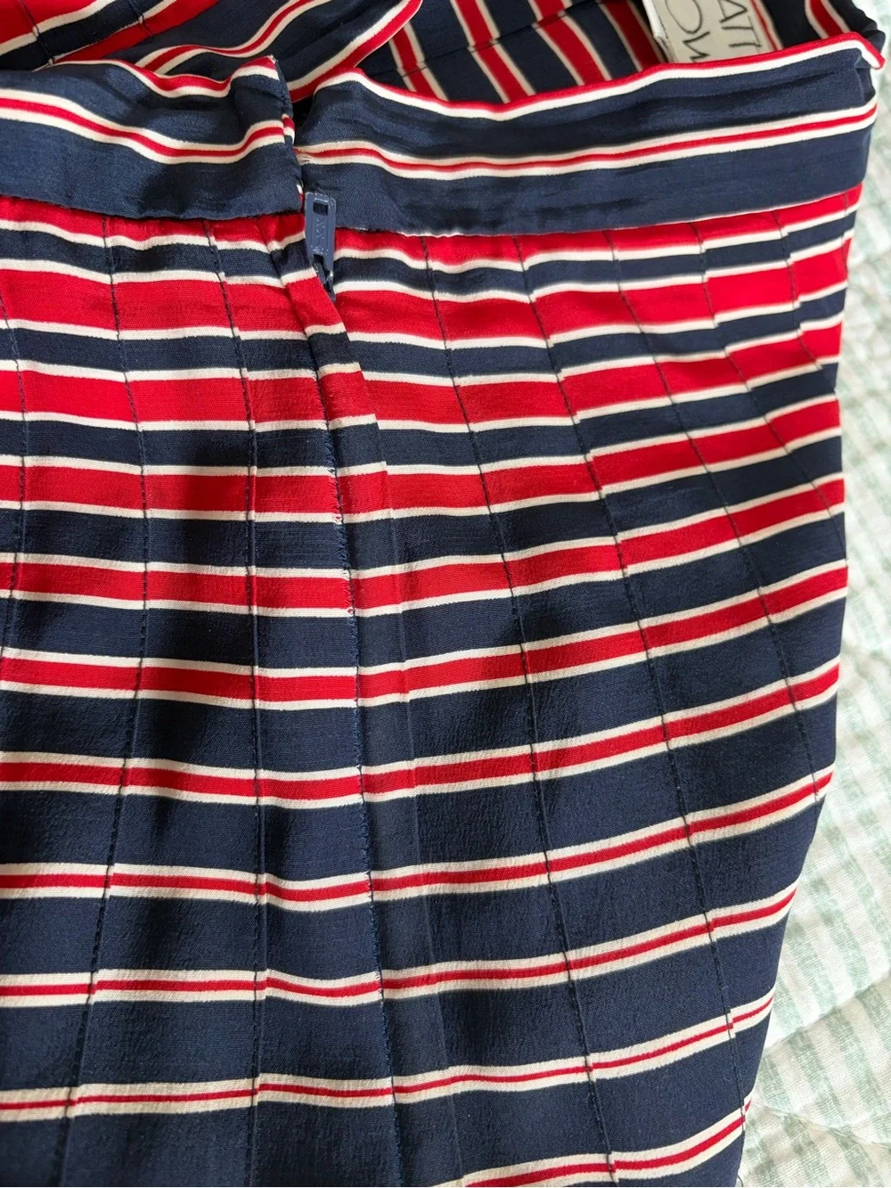 Agatha Brown Silk Striped Pleated Midi Skirt in Navy and Red